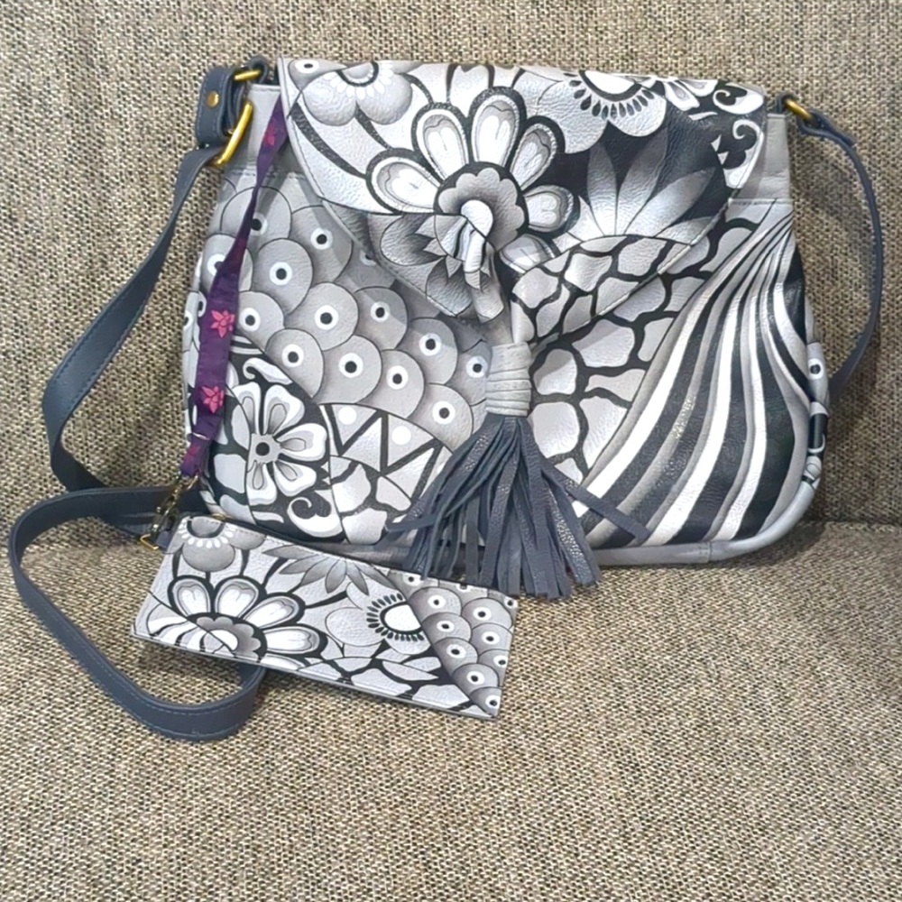 Anushka Patchwork Pewter floral leather purse with wallet